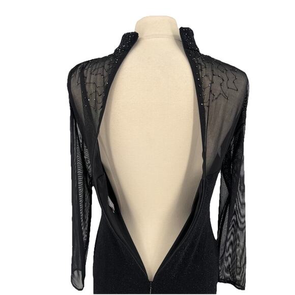 90s Vtg Black Sheer Sleeve Beaded Shimmer Fitted Maxi Dress Goth Whimsigoth 8 - Picture 13 of 15